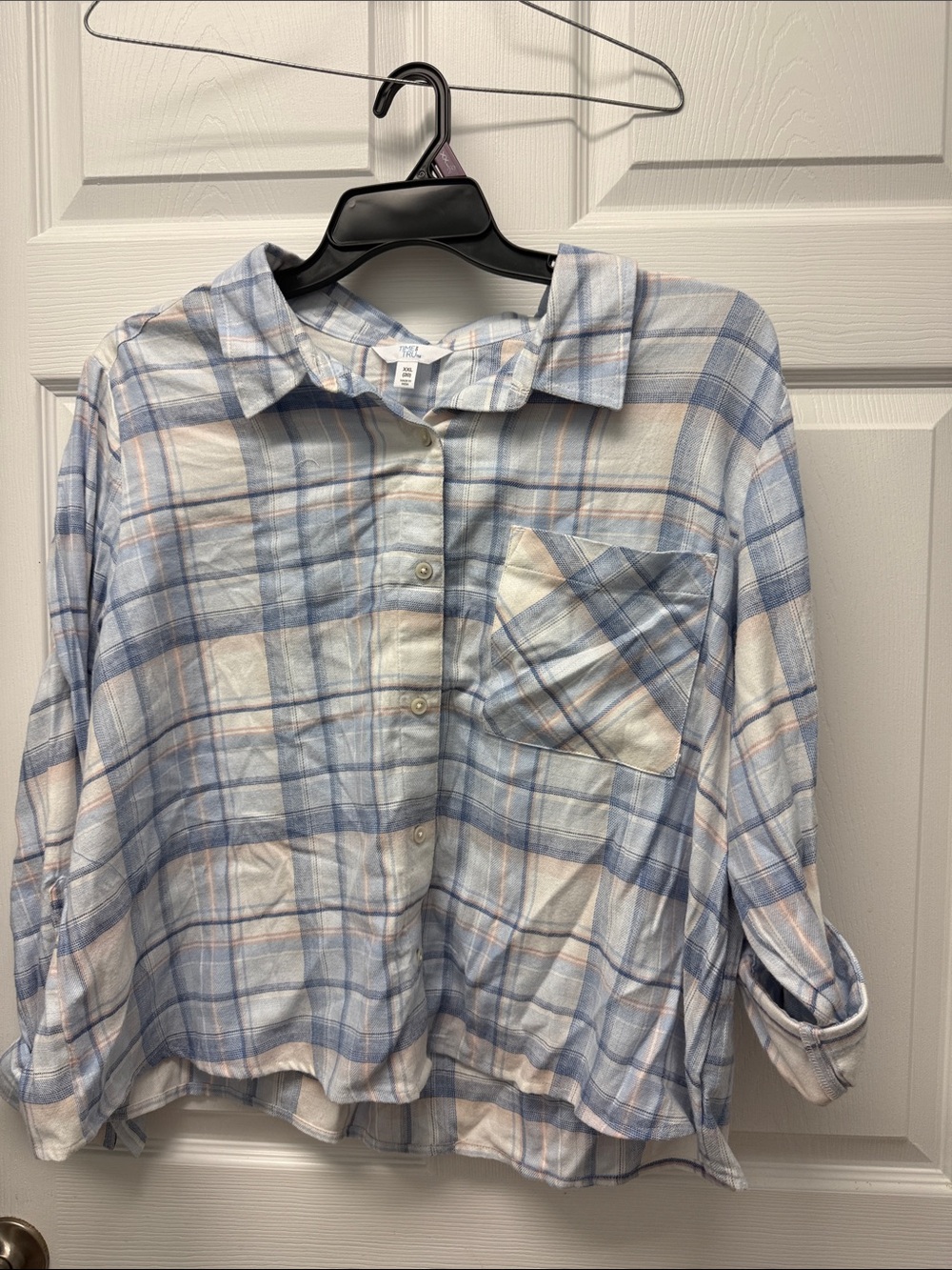 Light Blue and Cream Plaid Button-Up Shirt